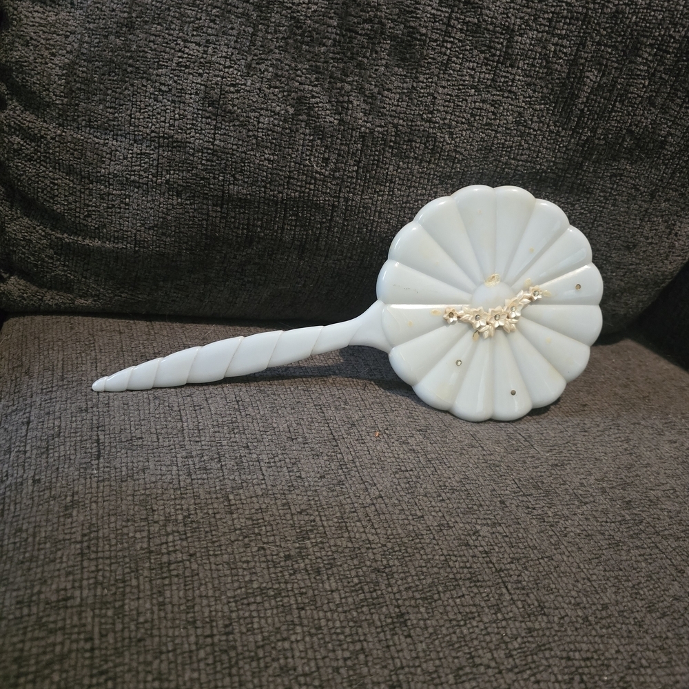 Vintage Lucite Shell Hand Mirror with Floral Accent